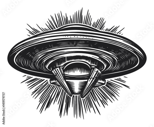 Vintage Engraving of a UFO with Radiating Burst Design