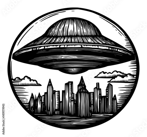 Engraved Illustration of UFO Over City in Black and White Style