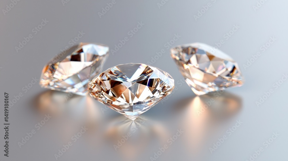 Three Sparkling Diamonds on Smooth Surface Reflecting Light Magic