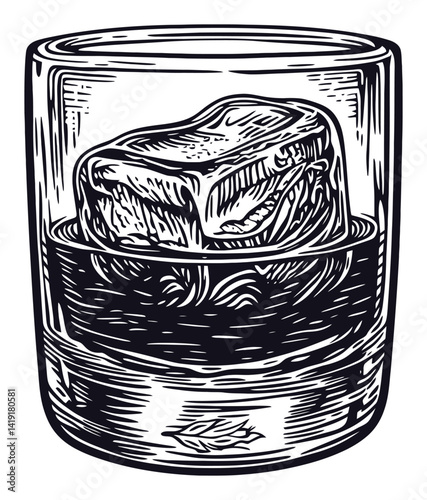 Hand-Drawn Engraving of a Glass with Ice Cubes