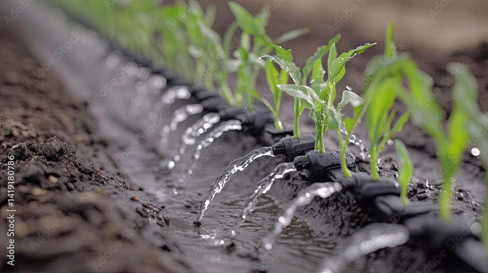 Water nozzle system distributing water evenly on rows of young plants