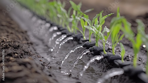 Obraz na płótnie Water nozzle system distributing water evenly on rows of young plants w salonie