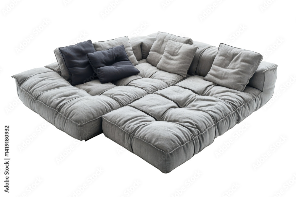 Obraz premium Luxurious modular sofa design light grey linen fabric comfy cushions modern sectional isolated on transparent background