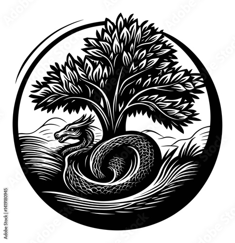 Intricate Engraving of a Dragon Coiled Around a Tree in Black and White
