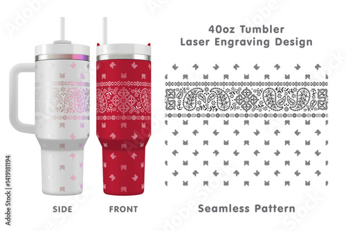 Paisley bandana laser engraving pattern for 40oz tumbler. Seamless from edge to edge. Full tumbler wrap. Vector illustration.