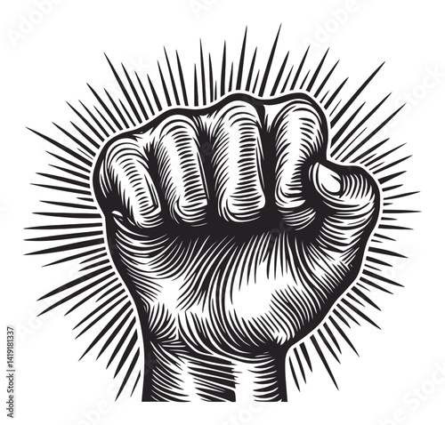 Bold Engraving of a Raised Fist Symbolizing Strength and Defiance