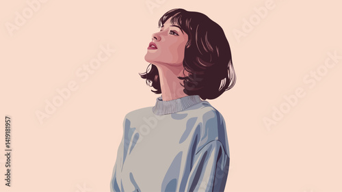 Stylized vector portrait illustration of a young woman with a bob haircut. The illustration is in a minimalist style with soft colors, mainly light blue and pink, creating a mood.