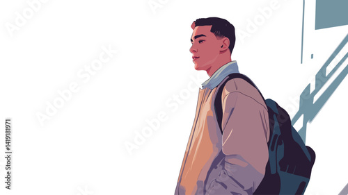 This digital illustration depicts a young man in a minimalist style and muted tones. The figure is presented in a three-quarter profile, emphasizing his pensive expression.