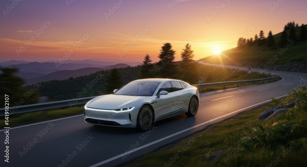 Silver Electric Car Driving on a Mountain Road at Sunset Silver Electric Car Driving on a Mountain Road at Sunset