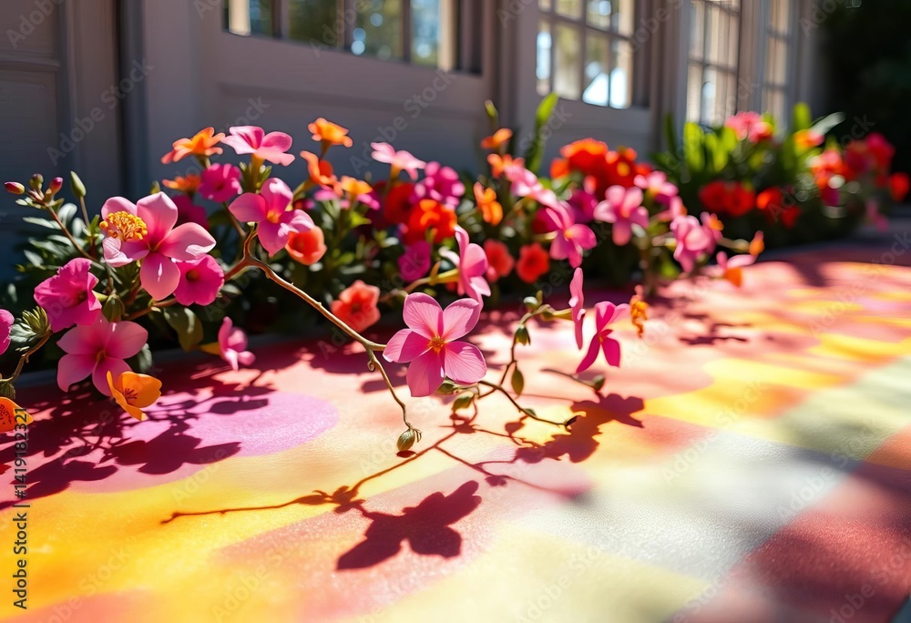 Fototapeta premium Vibrant blooms cast colorful, playful shadows on sun-drenched surface, shade, radiant