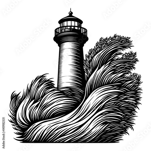 Engraving of a Lighthouse Surrounded by Waves in Black and White