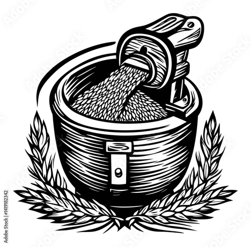Engraving of Mill and Grain in Black and White Illustration