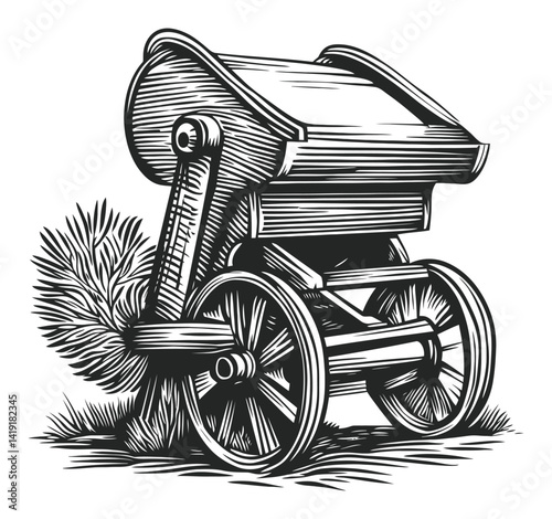 Vintage Engraving of a Hand-Pushed Garden Cart with Wheels