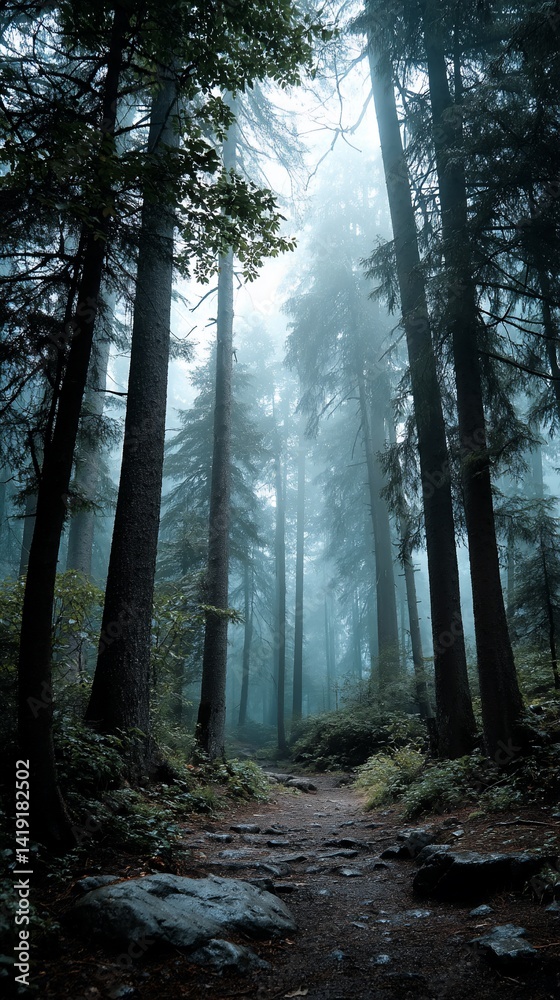 Obraz premium Misty forest path through tall trees