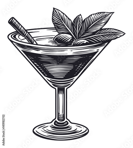 Elegant Engraved Illustration of Martini Cocktail with Garnish