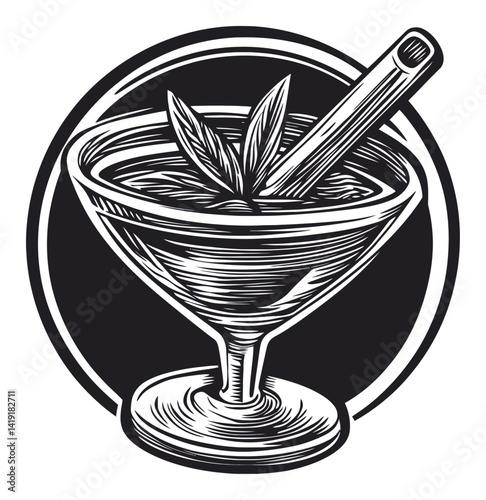 Detailed Engraving of a Cocktail Glass with Mint and Cinnamon Stick