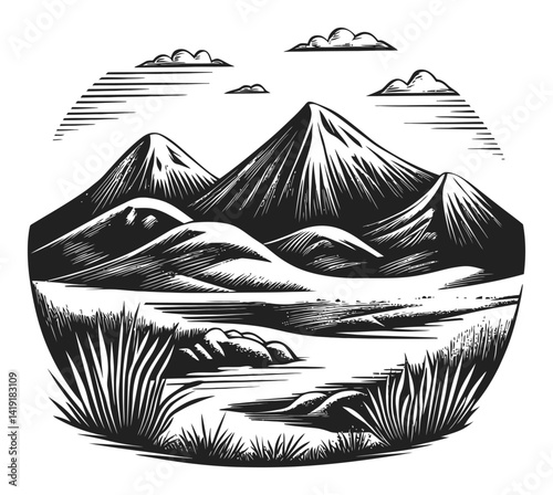 Black and White Engraving of Majestic Mountains and Scenic Landscape