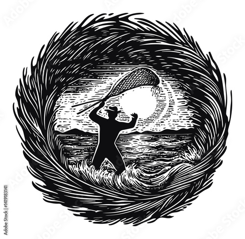 Fisherman in Waves with Net, Engraving Artwork Representation