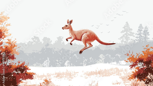This stylized image of a kangaroo hopping. The artistic rendering is primarily monochrome, with varying shades of orange and details on the kangaroo.