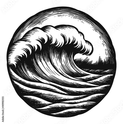 Dramatic Vintage Engraving of a Powerful Ocean Wave Illustration