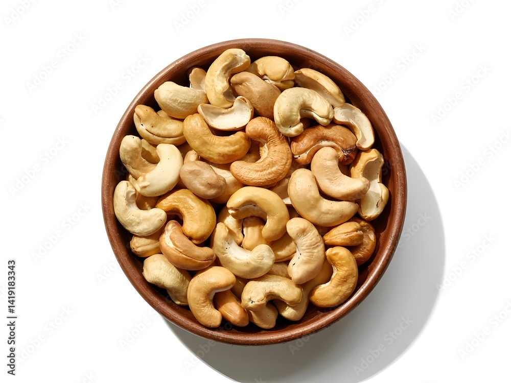 Roasted cashew nuts in a wooden bowl on a white background Roasted cashew nuts in a wooden bowl on a white background