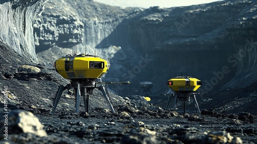 Exploration robots surveying a rocky alien planet in a stark landscape setting