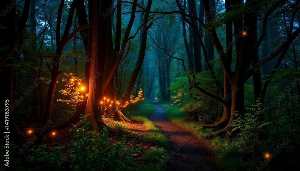 Naklejka premium Enchanted forest path, fireflies illuminate the way, mysterious shadows, digital art, magic