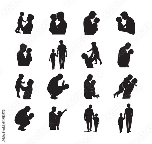 Father with his son vector silhouette set, Happy father's day design concept