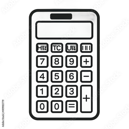 A simple, black and white calculator design featuring large buttons and a clear display, suitable for educational or office use , isolated on white or transparent png