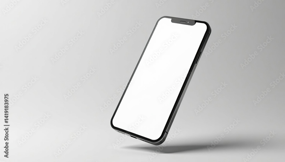Floating smartphone displaying website, stark white backdrop, wireless, smartphone, interface