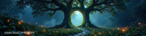 Mystical tree braid portal, glowing fairy lights, misty forest, otherworldly, gateway