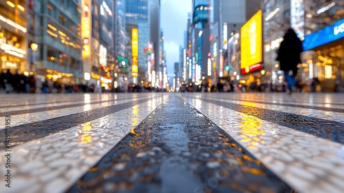 Wet pavement city night street scene