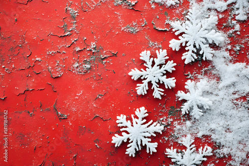 Frosty snowflakes on cracked red paint background