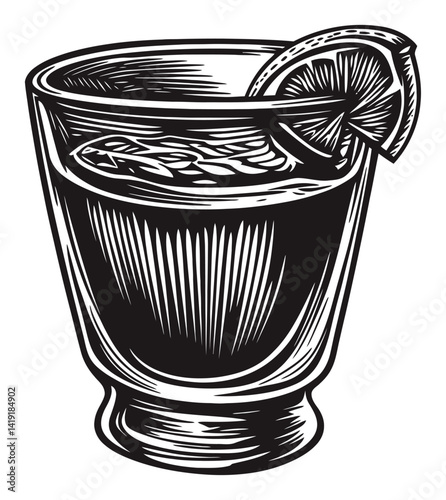 Engraving of a Drink Glass with Lemon Slice Close-Up