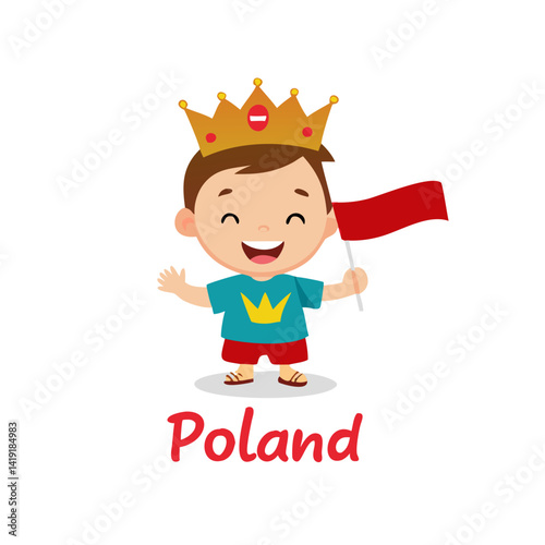 Cartoon boy with crown and Poland flag on white background