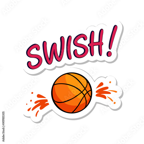 SWISH basketball text with ball and splash in comic sticker style	