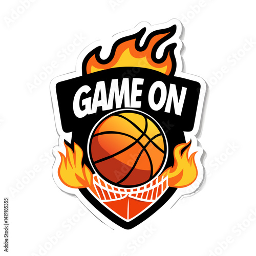 Flaming basketball hoop with game on text in sticker design