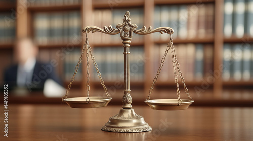 Classic balance scale representing legal system, equality, and justice in a professional law office environment


