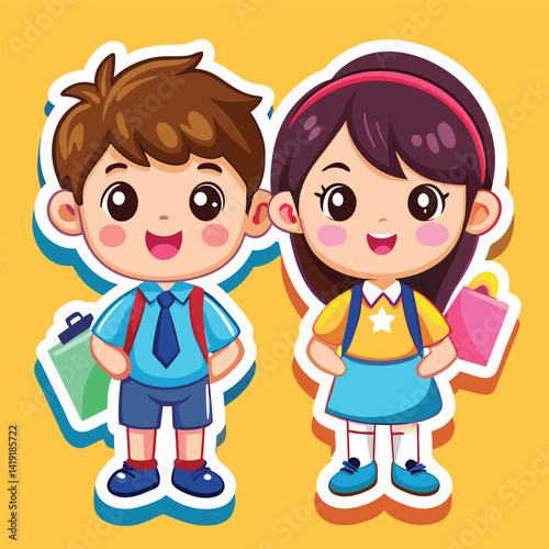 Cartoon school kids, boy and girl, ready for school