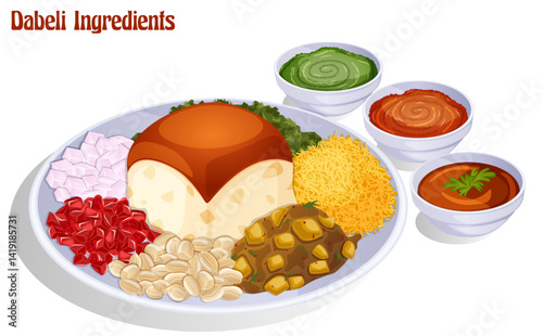 Pav Bun Surrounded by Potato Masala, Peanuts, Pomegranates, Onions, Coriander and Sev on Plate with Tamarind, Spicy Garlic & Green Chutneys. Indian Street Food Dabeli Ingredients Detailed Illustration