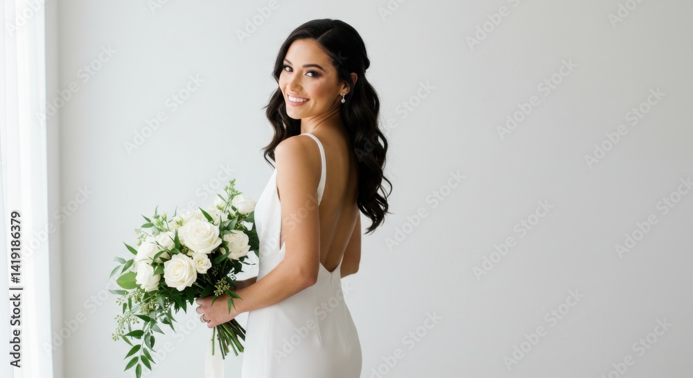 Smiling Bride in White Backless Dress Holding Bouquet Smiling Bride in White Backless Dress Holding Bouquet