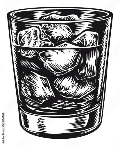 Detailed Wood Engraving of Glass Filled with Ice Cubes