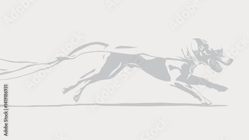 This work is presented as a stylized illustration of a white dog strutting against a pure white background. The monochromatic color scheme emphasizes the animal's form and movement. Subtle movement.