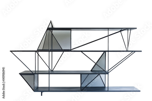 Modern geometric shelving unit design sleek black metal frame with grey wood shelves on transparent background