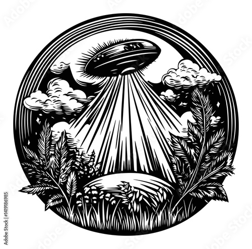 Detailed Engraving of UFO Surrounded by Nature Elements and Clouds