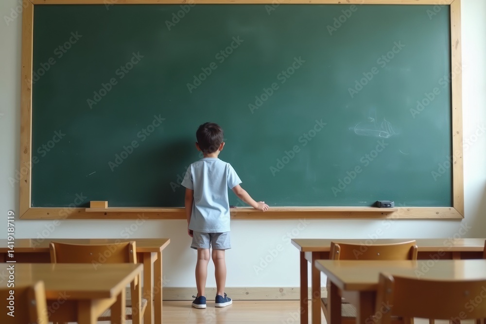 A young student looks at the chalkboard in a classroom. A young student looks at the chalkboard in a classroom.