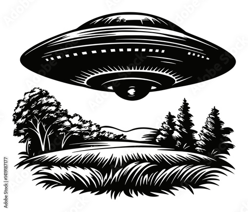 Engraved Alien Spaceship Over Scenic Landscape with Trees and Hills