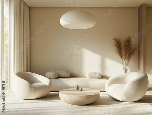 A minimalist living room with a cream-colored sofa, two armchairs, a round coffee table, a large window, and a light fixture hanging from the ceiling