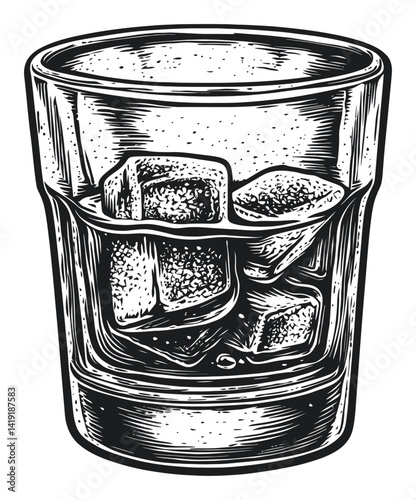 Detailed Engraving of a Glass with Ice Cubes for Illustrative Use