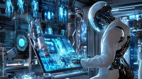 Futuristic Robot Doctor Analyzes Medical Data in Advanced Healthcare Facility